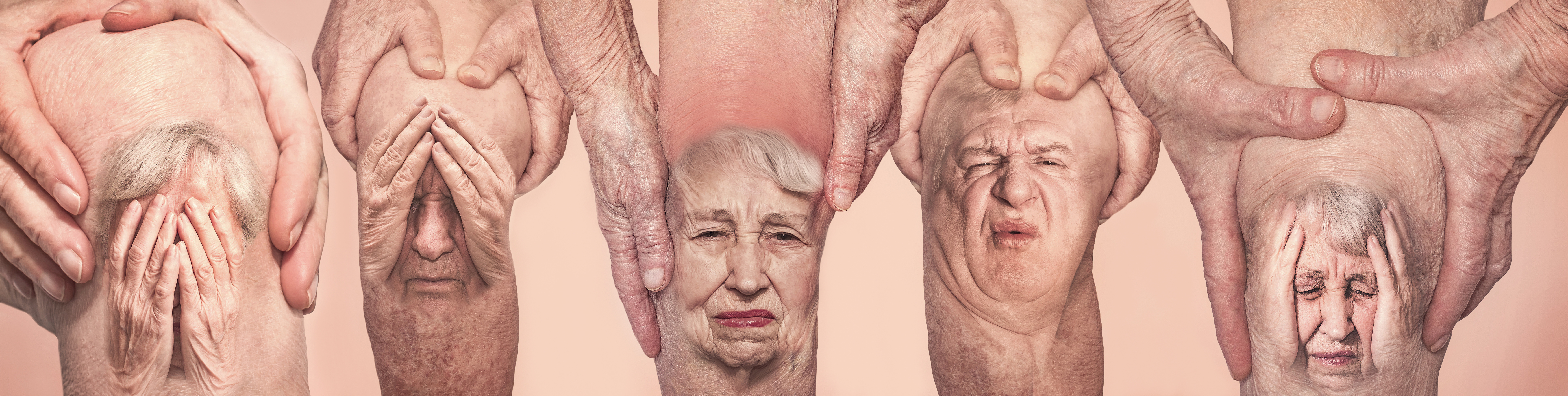 Senior men and woman holding the knee with pain. Collage. Concept of abstract pain and despair. The elderly pensioner and problems. Old age and illnesses. 86-year-old Caucasian model. healthcare concepts
